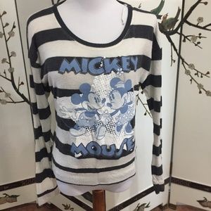 white and black stripped mickey mouse shirt